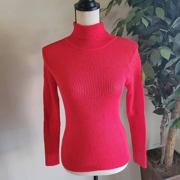 NEW Red Turtleneck Ribbed Knit Slim Fit Sweater - Picture 6 of 8